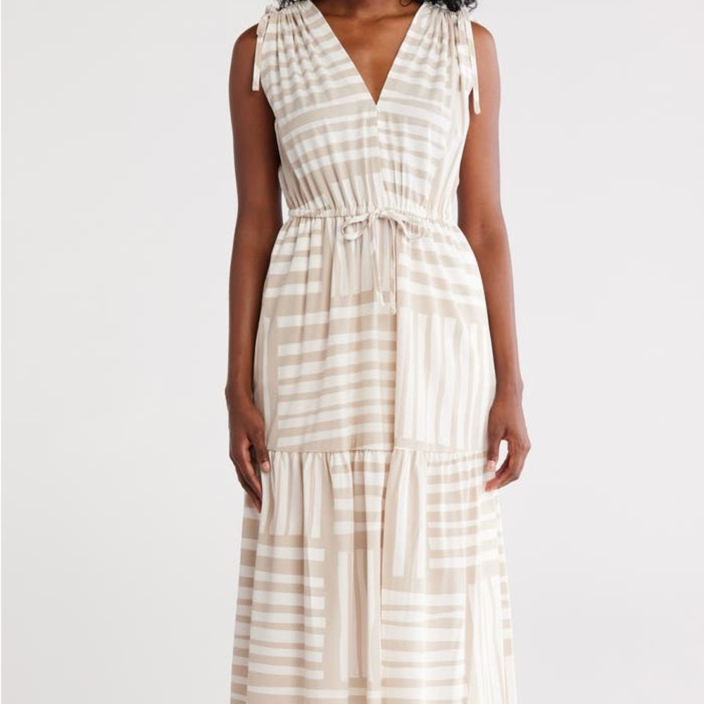 Calvin Klein Beige Colorblock Stripe Maxi Dress | Sleeveless Drawstring Waist Dr